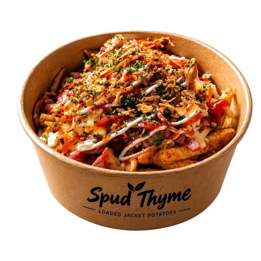 Spud Thyme loaded fries with bacon, sauces and crispy onions