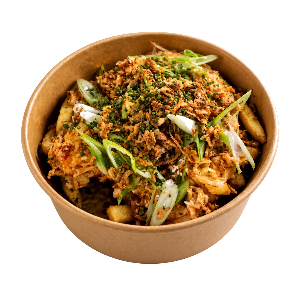 Loaded potato bowl with sticky chicken, spring onion and crispy onions